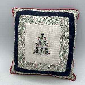 Handmade Snowman Christmas Tree Pillow Petit Point 9" Blue Red Cottage Granny